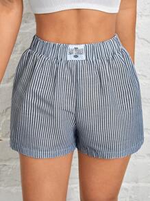 SHEIN PETITE Shorts de rayas tejidas azules para mujer - Azul - Ver 3