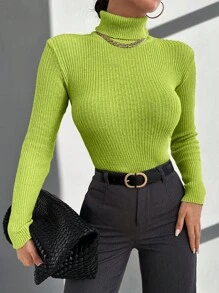 EURMUSE Solid Color High Neck Ribbed Slim Fit Sweater - Olive Green - View 6