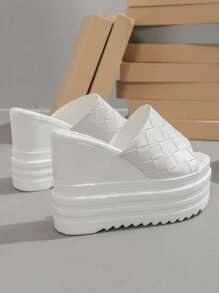 Sandale cu toc plat pentru femei, sandale cu toc înalt de 12 cm și bareta groasă, papuci cu toc plat impermeabili super înalți, pantofi negri cu vârful deschis, vară, esențiale pentru călătorii - alb - Vizualizare 3