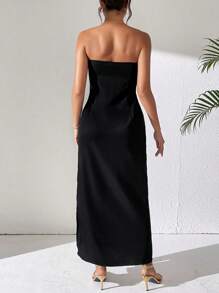 EMERY ROSE Women's Color-Block Strapless Summer Dress With Slit, Vacation Style Maxi Women Outfit - Black - View 2