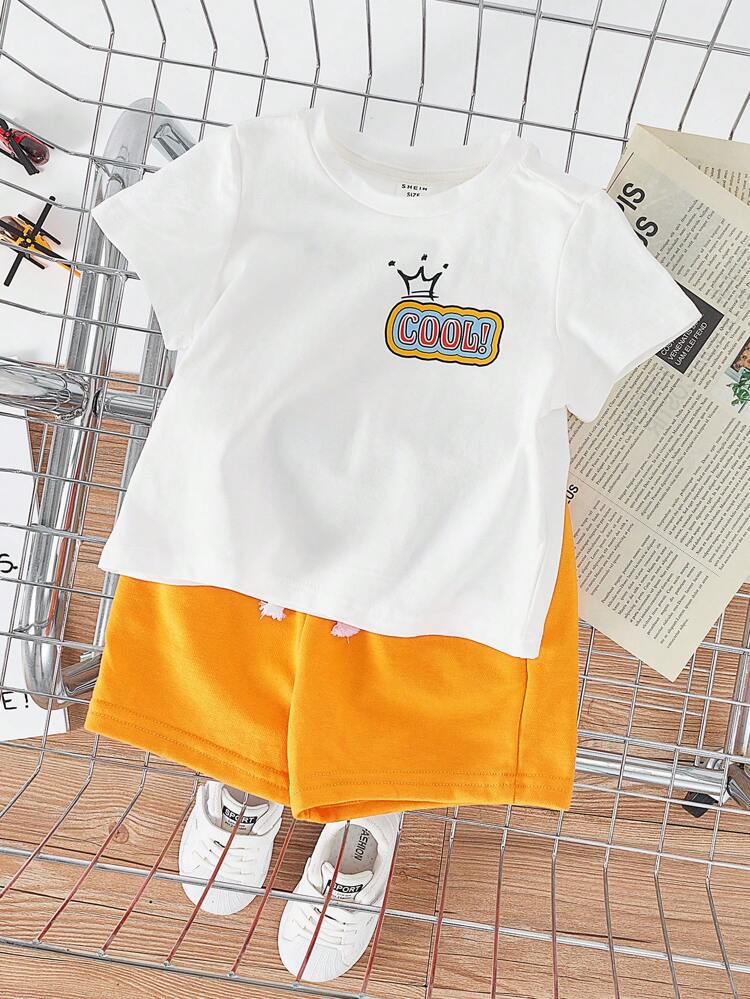 Baby Boy/Girl Letter Printed Round Neck Straight-Shoulder Pullover T-Shirt And Shorts Set