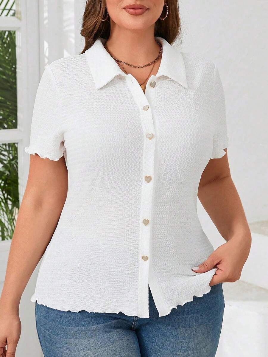 SHEIN Frenchy Áo thun ngắn tay ôm vừa vặn một hàng khuy màu trơn dành cho nữ Plus Size, mùa hè - trắng - Xem 1