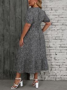 SHEIN VCAY Plus Size Summer Casual Short Sleeve Ditsy Floral Dress - Black and White - View 2