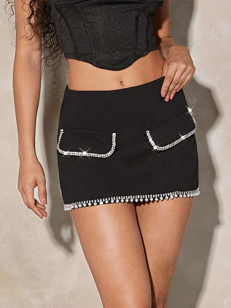 Rhinestone trim mini skirt top