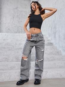 SHEIN EZwear Quần jean denim dáng rộng thoải mái dành cho nữ có túi rách - Xám - Xem 2