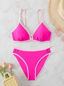 SHEIN Swim Ladies Fashionable Hollow Out Design Bikini Set, Bikini Set Summer Beach - Pink - View 1