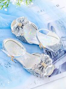 Girls Bow & Rhinestone Decor Chunky Heeled Princess Ankle Strap Sandals For Summer - Silver - View 4