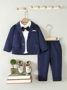 SHEIN 男婴绅士西装套装，长袖夹克和裤子，时尚适合生日派对、晚会、婚礼、洗礼、宝宝的第一个母亲节、家庭套装（不包括衬衫） - 藏蓝色 - 查看 5