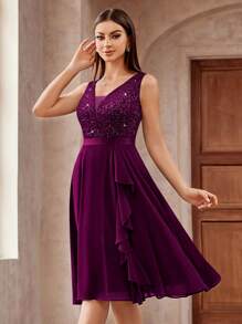 MIUSOL Deep V-Neck Sequin Lace Ruffle Trim Chiffon Prom Party Swing Dress - Maroon - View 7