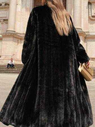 Solid Color Stand Collar Long Sleeve Midi Length Mink Fur Windbreaker