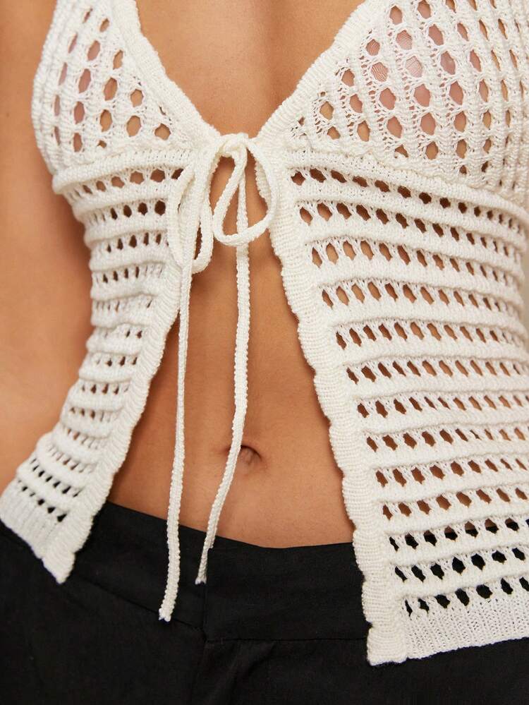 Fashionable And Sexy Hollow Holiday Style Women's Knitted Vest, Solid Color Hollow Knitted Front Tie Short Cardigan Summer White