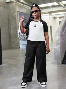 SHEIN Tween Girl Extended Size Solid Color Woven Straight Leg Casual Pants For Spring And Summer - Black - View 3