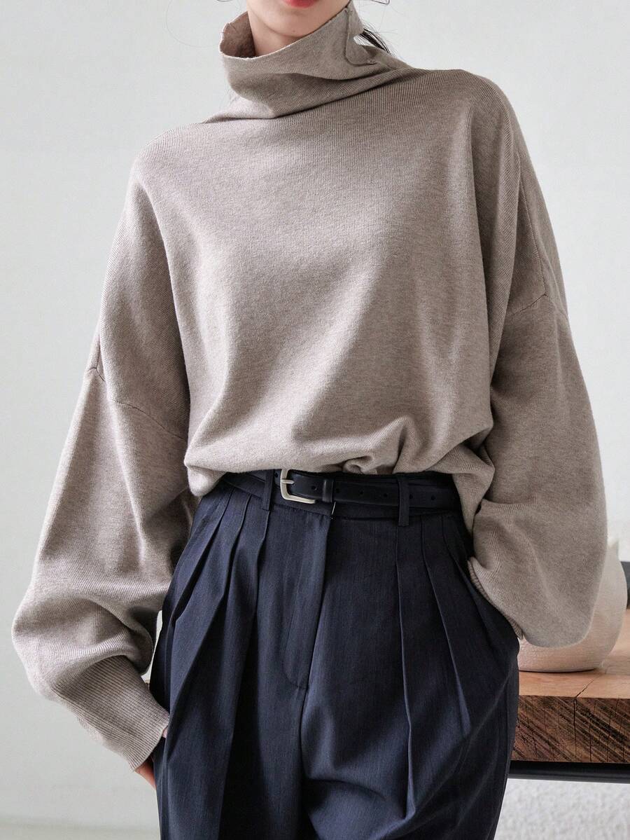 DAZY Turtleneck Drop Shoulder Sweater - Khaki - View 1