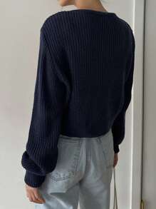 Dazy-Less 纯色纽扣前短款开衫，长袖上衣，老款风格 - 藏蓝色 - 查看 5