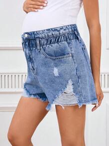 SHEIN Maternity Distressed Frayed Edge Casual Summer Denim Shorts - Light Wash - View 4