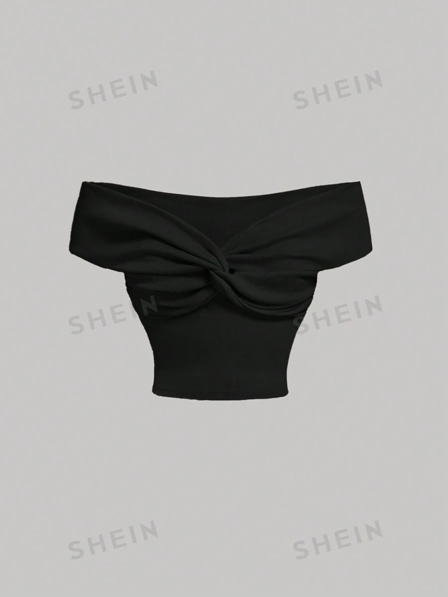 SHEIN MOD Damen einfarbiges Twist-Knoten-Design Sommer Vintage schwarzes Top - Schwarz - Übersicht 1