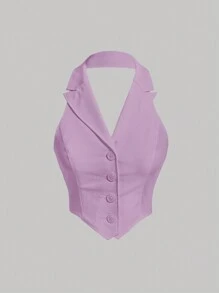 SHEIN MOD White Summer Solid Button Front Halter Top - Lilac Purple - View 1