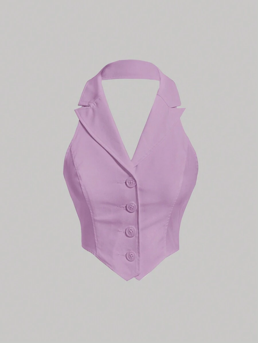 SHEIN MOD White Summer Solid Button Front Halter Top - Lilac Purple - View 1