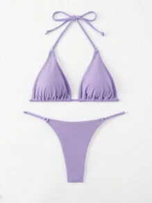 Ensemble bikini sexy unicolore pour femme avec bretelles à cou de ras-du-cou pour plage d'été