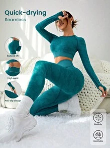 SHEIN Core Rhythm 无缝插肩袖运动套装女士健身套装女士紧身裤套装健身房女士服装 - 綠色 - 查看 1