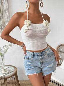 SHEIN VCAY Women's Floral Decorated Sleeveless Camisole With Halter - White - View 5