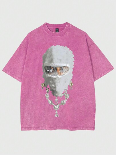 Street Life Camiseta de manga corta con estampado de pasamontañas vintage y copos de nieve lavados para hombres, moda urbana de verano, escuela