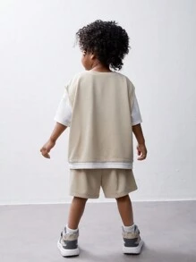 SHEIN Ensemble tee-shirt et short décontracté pour garçon en tricot à blocs de couleurs et à impression de lettres 2 en 1 avec étiquette brodée - Nude - Voir 2