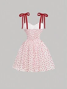 SHEIN MOD Vintage Romantic Heart Shaped Multi-Layered Mesh Ribbon Slim Fit Mini Dress Graduation Dresses Graduation - Red and White - View 2
