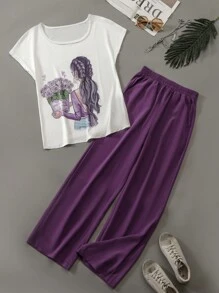 Seusyu Women's Simple Print Short Sleeve Top And Solid Color Shorts Casual Two-Piece Set 2 Pieces Set - Multicolor - View 1