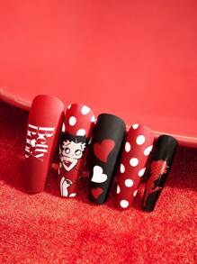 Betty Boop | ROMWE Cartoon Portrait Polka Dot Heart Pattern Press On Nails - Multicolor - View 5