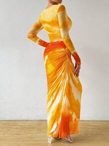 Calvaya Vestido largo de manga larga con cuello redondo, ajustado, con costados fruncidos y efecto tie-dye para mujer, atuendo de fiesta y celebración de Año Nuevo