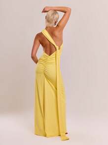 MUSERA 纤细的戒指细节不对称长裙，优雅的春夏度假婚礼宾客礼服 - 黃色 - 查看 2