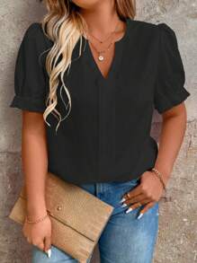 SHEIN Clasi 大碼純色凸緣V領泡泡袖夏季襯衫 - 黑色 - 查看 1