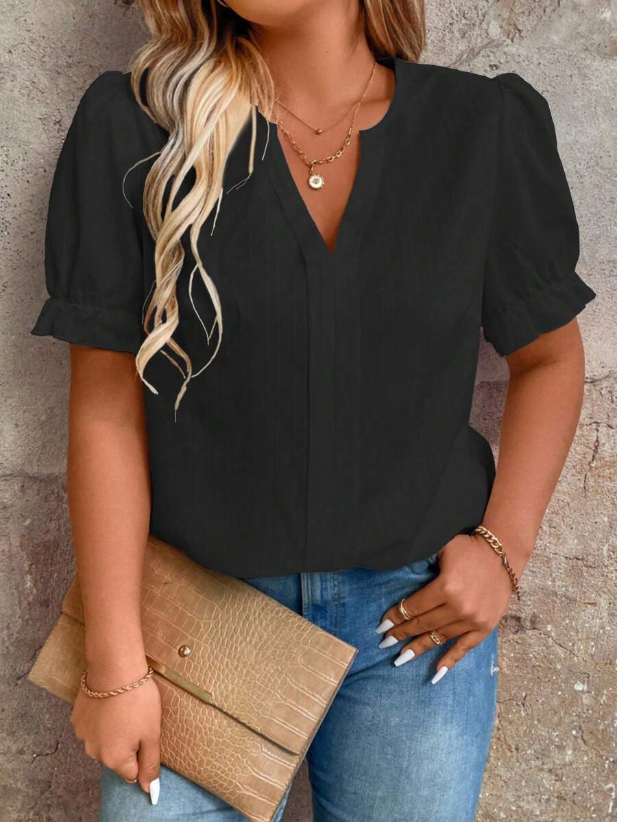 SHEIN Clasi 大碼純色凸緣V領泡泡袖夏季襯衫 - 黑色 - 查看 1