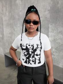 SHEIN Tween Girl Extended Size Commuting/Casual Spring/Summer Knit Short-Sleeved Top And Woven Solid Color Workwear Straight-Leg Pants - Black and White - View 5