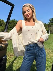 Cloudara Embrodery Flower Detail Cardigans And Embrodery Knit Top Women Sweater Co-Ords - Beige - View 6