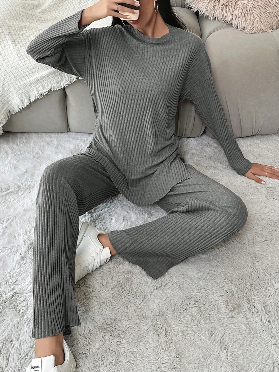 EURMUSE Drop Shoulder Split Hem Tee & Pants - Grey - View 1