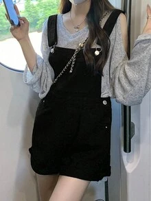 女士休闲宽松纯色牛仔连体裤，适合夏季穿着，黑色 - 黑色 - 查看 3