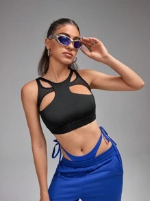 Innovista 女士網眼插花運動健身坦克頂，健身上衣，運動胸罩，素色T恤，外出上衣，節日服飾，集中胸罩 - 黑色 - 查看 6