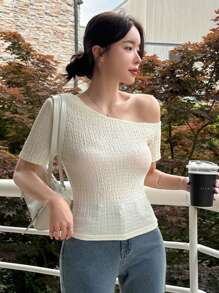 DAZY Textured Asymmetrical Neck Slim Fit Women's Short Sleeve T-Shirt Summer,Crop Tops Women Preppy Tops