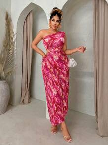 SHEIN SXY 女式中空露背水染褶皺腰裝花卉連身裙，單肩款式，適用於度假 - 彩色 - 查看 3