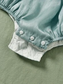 SHEIN 嬰兒女童復古法式連體褲，具有貴族優雅和泡泡袖，並飾有蕾絲，適合春夏外出穿著 - 綠色 - 查看 3
