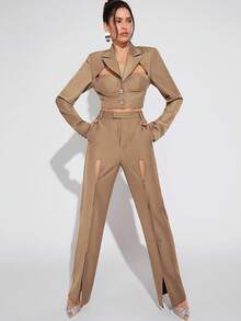 Hauture Conjunto de dos piezas: blazer corto calado y pantalón con abertura - Caqui - Ver 4