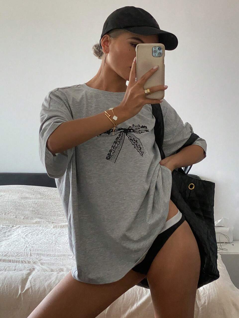 Women's Summer Bowknot Printed Round Neck Casual Casual T-Shirt With Drop Shoulder Sleeves