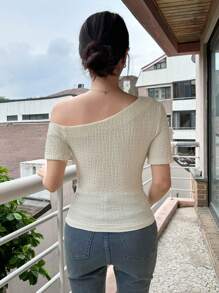 DAZY Textured Asymmetrical Neck Slim Fit Women's Short Sleeve T-Shirt Summer,Crop Tops Women Preppy Tops