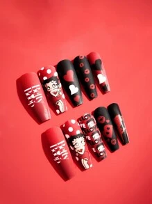 Betty Boop | ROMWE Cartoon Portrait Polka Dot Heart Pattern Press On Nails - Multicolor - View 1