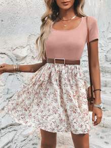 SHEIN Clasi 女士夏季假日拼接碎花圓領短袖休閒連衣裙