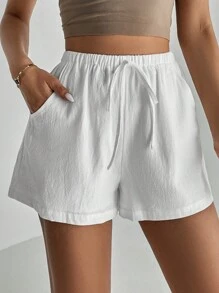 SHEIN Tall Shorts solidos de Florida con nudo delantero - Blanco - Ver 4