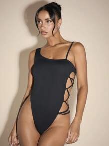 SHEIN BAE 夏季女士黑色不對稱領口連體褲，腰部和側邊系帶露肉，無袖款式 - 黑色 - 查看 8