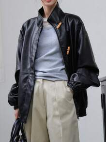 DAZY Button Front Patent Jacket - Black - View 8